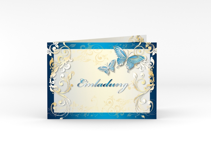 Hochzeitseinladung Toulouse A6 Klappkarte quer blau raised mit Schmetterlingen und Schnörkeln