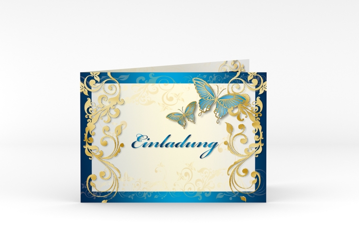 Hochzeitseinladung Toulouse A6 Klappkarte quer blau gold mit Schmetterlingen und Schnörkeln