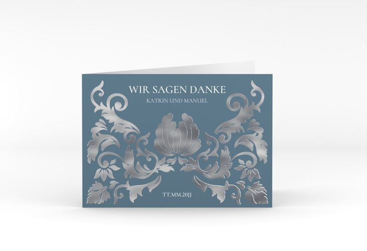 Danksagungskarte Hochzeit Royal A6 Klappkarte quer blau silber mit barockem Blumen-Ornament