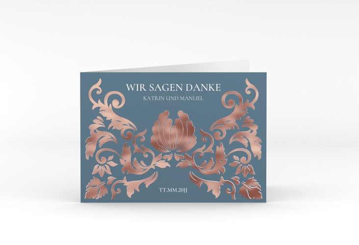 Danksagungskarte Hochzeit Royal A6 Klappkarte quer blau rosegold mit barockem Blumen-Ornament