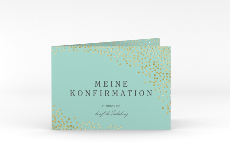 Einladung Konfirmation Glossy A6 Klappkarte quer mint gold