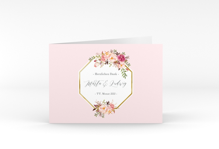 Danksagungskarte Hochzeit Prachtvoll A6 Klappkarte quer rosa gold