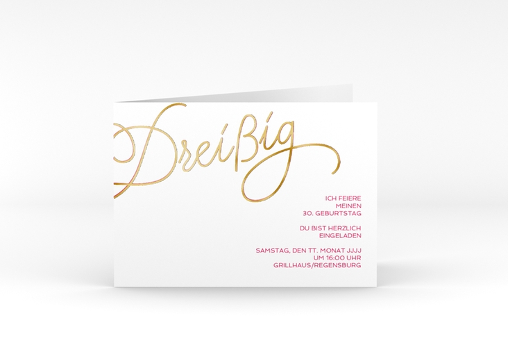 Einladung 30. Geburtstag Schwungvoll A6 Klappkarte quer pink gold