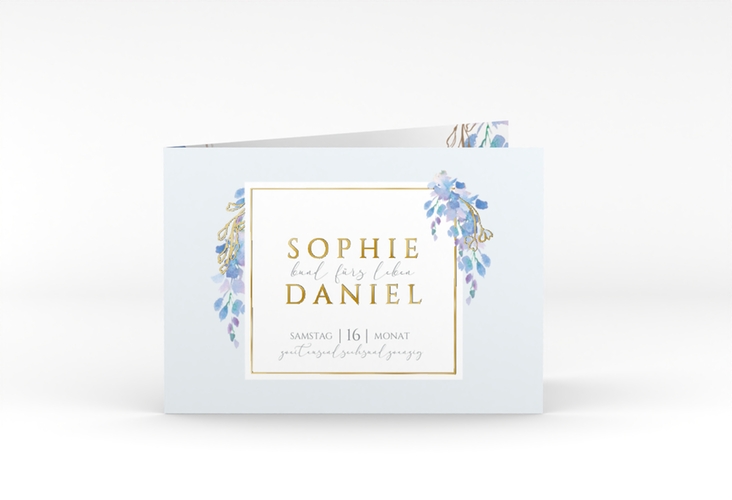 Hochzeiteinladung Blauregen A6 Klappkarte quer blau gold mit Wisteria-Blüten