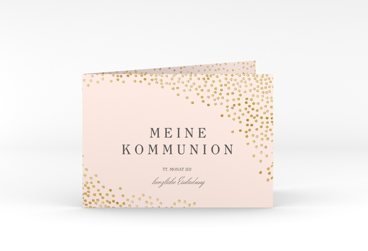 Einladung Kommunion Glanzvoll A6 Klappkarte quer rosa gold