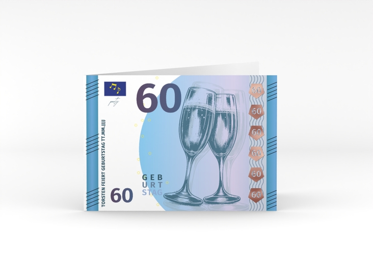 Einladung 60. Geburtstag Geldschein A6 Klappkarte quer blau rosegold