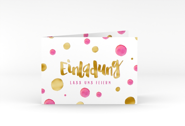 Einladung Geburtstag Dots A6 Klappkarte quer pink gold