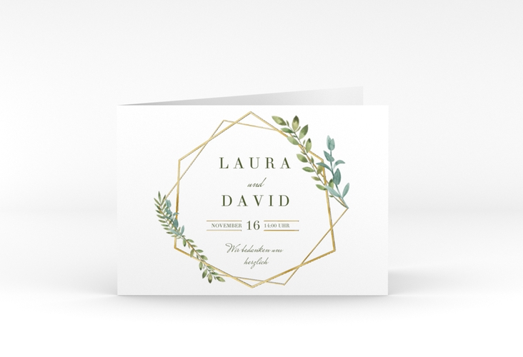 Danksagungskarte Hochzeit Herbarium A6 Klappkarte quer grau gold mit geometrischem Rahmen und Blätter-Dekor