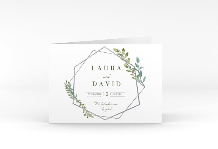 Danksagungskarte Hochzeit Herbarium A6 Klappkarte quer grau silber mit geometrischem Rahmen und Blätter-Dekor