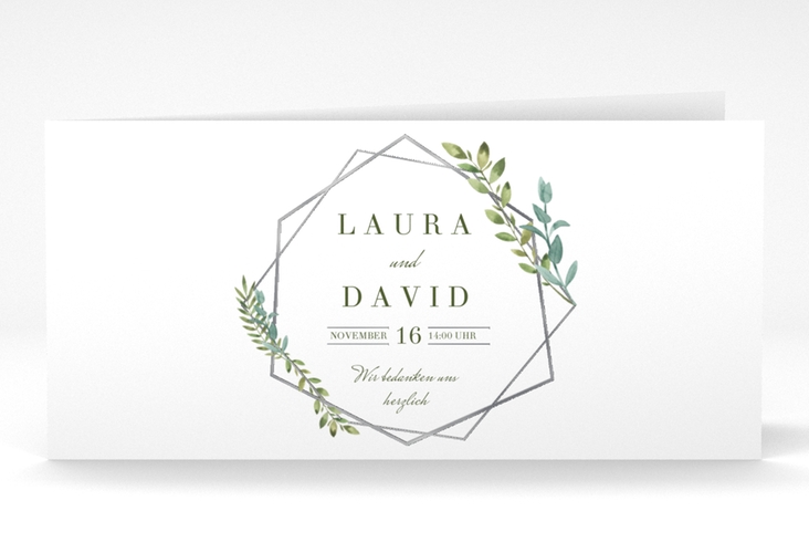 Dankeskarte Hochzeit Herbarium lange Klappkarte quer grau silber mit geometrischem Rahmen und Blätter-Dekor