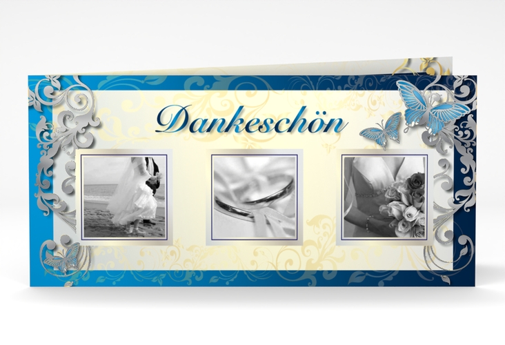 Dankeskarte Hochzeit Toulouse lange Klappkarte quer blau silber