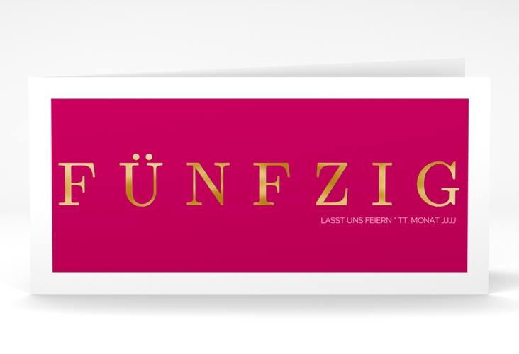 Einladung 50. Geburtstag Schlicht lange Klappkarte quer pink gold