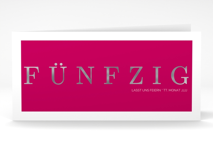 Einladung 50. Geburtstag Schlicht lange Klappkarte quer pink silber