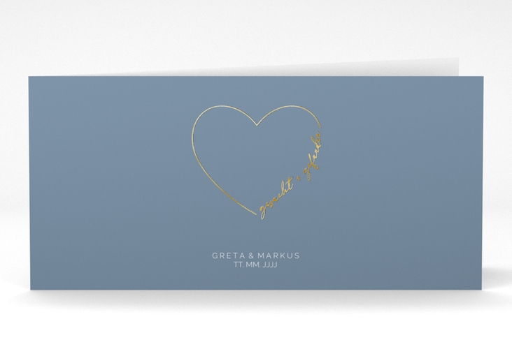 Danksagungskarte Hochzeit Lebenstraum lange Klappkarte quer blau gold