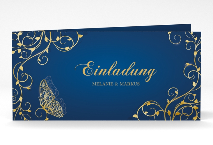 Hochzeitseinladung Eternity lange Klappkarte quer blau gold