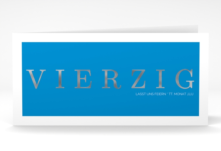 Einladung 40. Geburtstag Schlicht lange Klappkarte quer blau silber