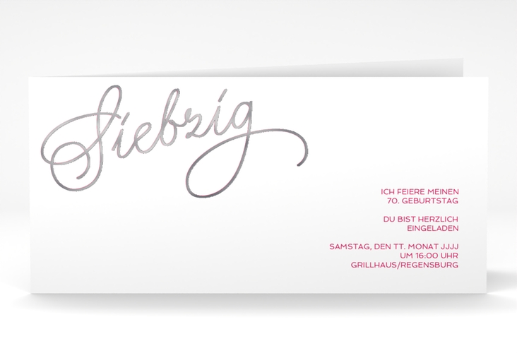Einladung 70. Geburtstag Schwungvoll lange Klappkarte quer pink silber
