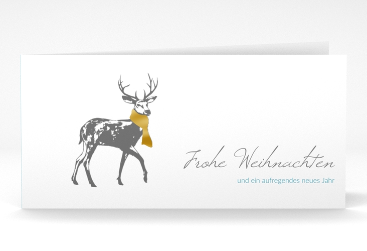 Geschäftliche Weihnachtskarte Hirsch lange Klappkarte quer blau gold mit Hirsch mit Schal