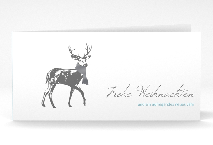 Geschäftliche Weihnachtskarte Hirsch lange Klappkarte quer blau silber mit Hirsch mit Schal