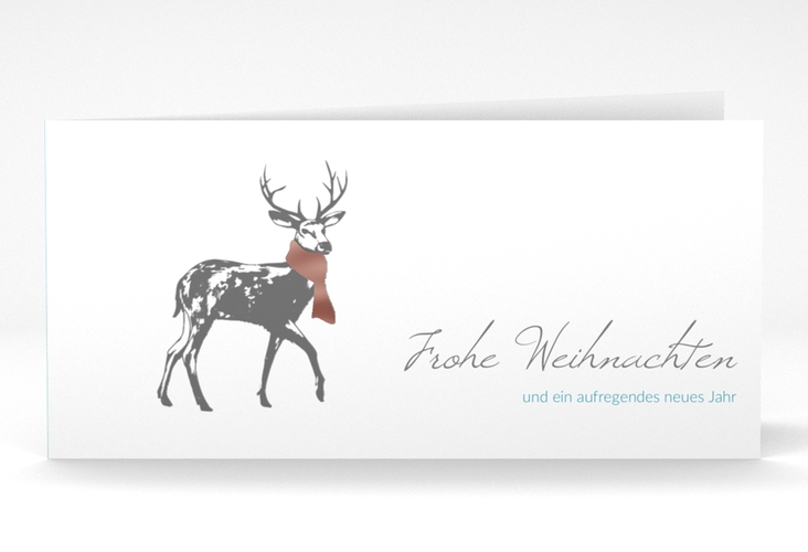 Geschäftliche Weihnachtskarte Hirsch lange Klappkarte quer blau rosegold mit Hirsch mit Schal