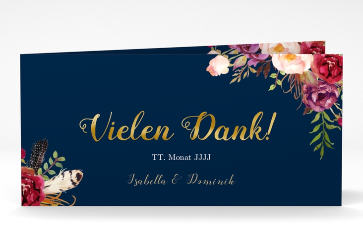 Danksagungskarte Hochzeit Flowers lange Klappkarte quer blau gold mit bunten Aquarell-Blumen
