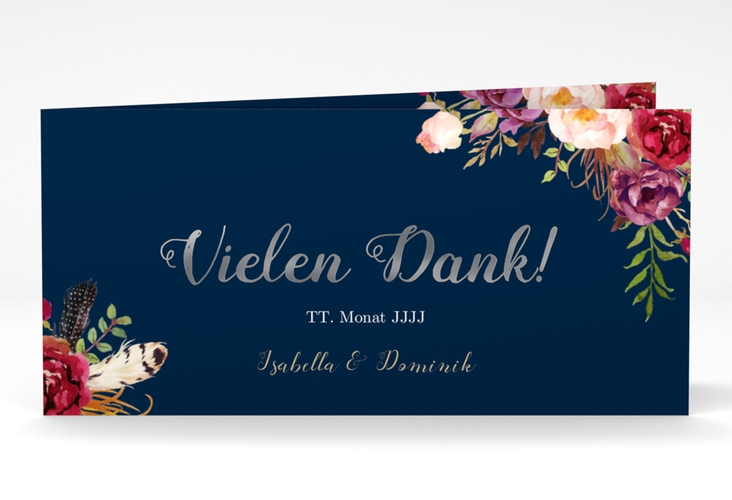 Danksagungskarte Hochzeit Flowers lange Klappkarte quer blau silber mit bunten Aquarell-Blumen