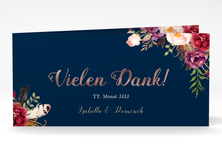 Danksagungskarte Hochzeit Flowers lange Klappkarte quer blau rosegold mit bunten Aquarell-Blumen