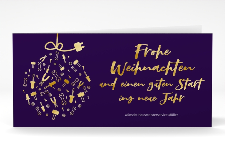 Business-Weihnachtskarte Werkzeugkugel lange Klappkarte quer blau gold mit Weihnachtskugel aus Werkzeugen