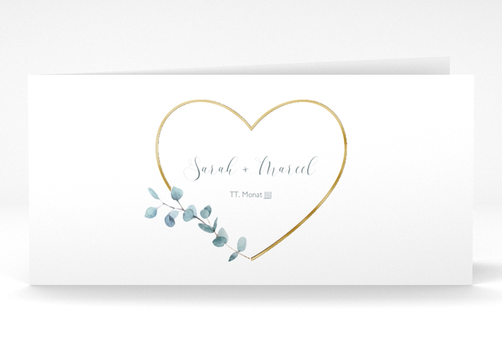 Danksagungskarte Hochzeit Greenheart lange Klappkarte quer rosa gold mit elegantem Herz und Eukalyptus-Zweig