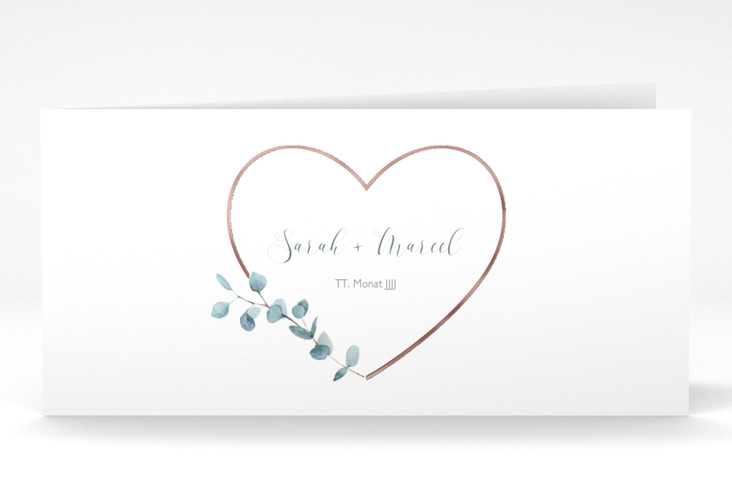 Danksagungskarte Hochzeit Greenheart lange Klappkarte quer rosa rosegold mit elegantem Herz und Eukalyptus-Zweig