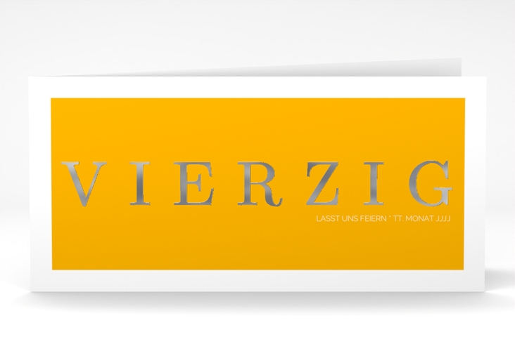 Einladung 40. Geburtstag Schlicht lange Klappkarte quer gelb silber