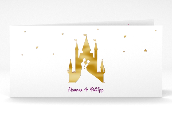 Danksagungskarte Hochzeit Castle lange Klappkarte quer pink gold