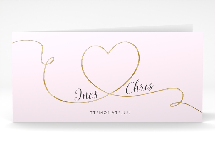 Hochzeitseinladung Dolce lange Klappkarte quer rosa gold