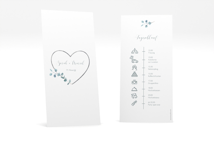 Tagesablauf Hochzeit Greenheart lange Karte hoch grau silber mit elegantem Herz und Eukalyptus-Zweig