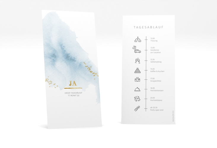Tagesablauf Hochzeit Pastell lange Karte hoch blau gold