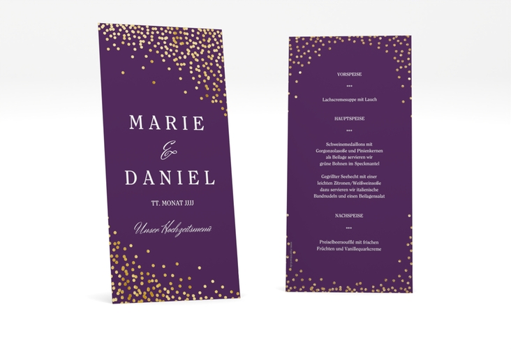 Menükarte Hochzeit Glitter lange Karte hoch lila gold