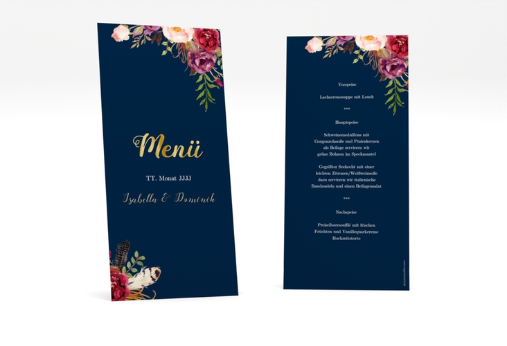 Menükarte Hochzeit Flowers lange Karte hoch blau gold mit bunten Aquarell-Blumen