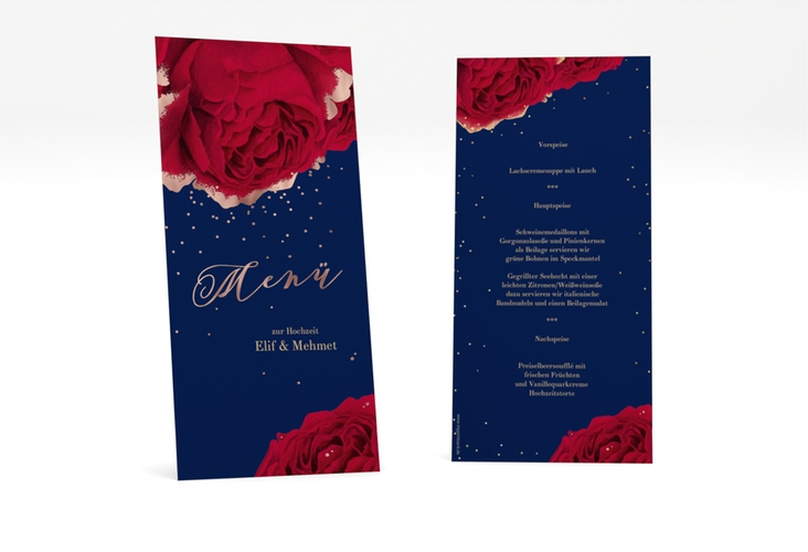 Menükarte Hochzeit Cherie lange Karte hoch blau rosegold