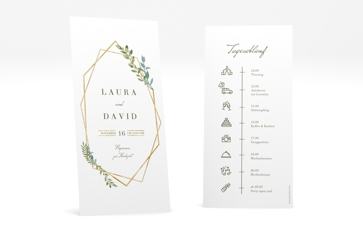 Tagesablauf Hochzeit Herbarium lange Karte hoch rosa gold mit geometrischem Rahmen und Blätter-Dekor