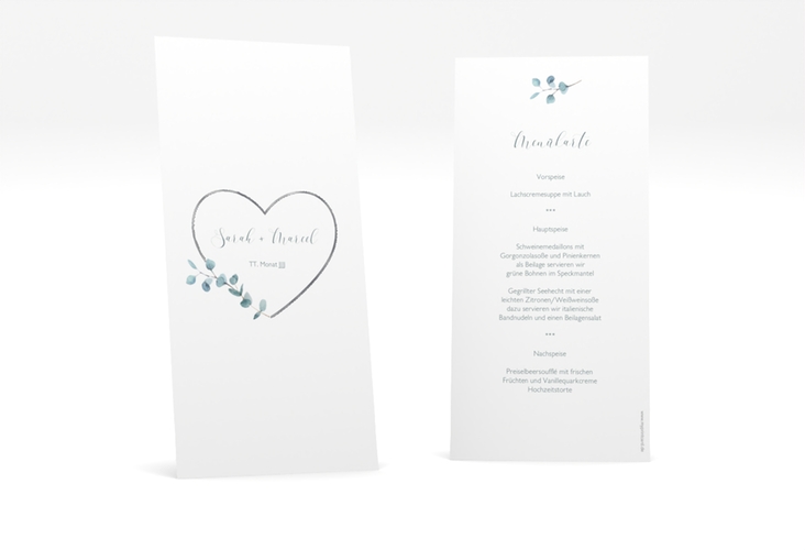 Menükarte Hochzeit Greenheart lange Karte hoch grau silber mit elegantem Herz und Eukalyptus-Zweig