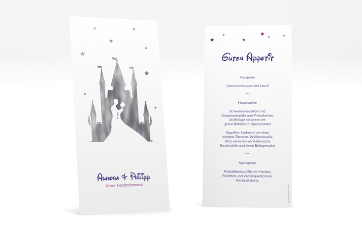 Menükarte Hochzeit Castle lange Karte hoch lila silber
