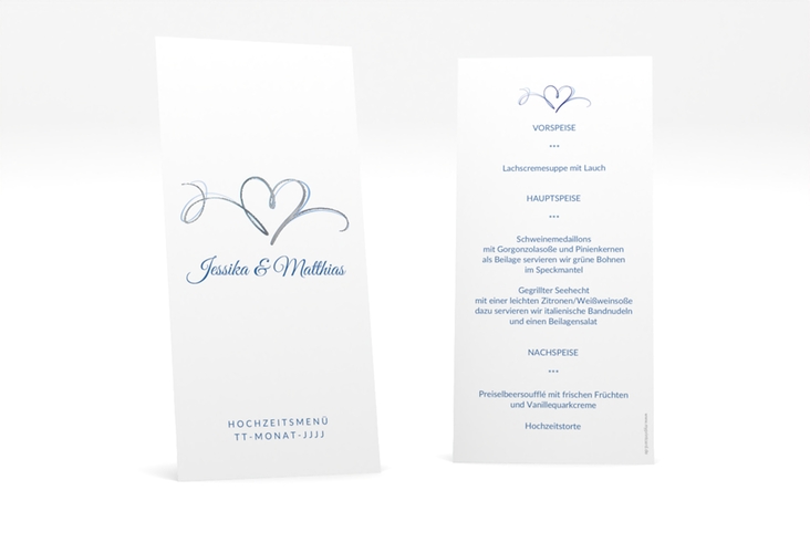 Menükarte Hochzeit Envie lange Karte hoch blau silber