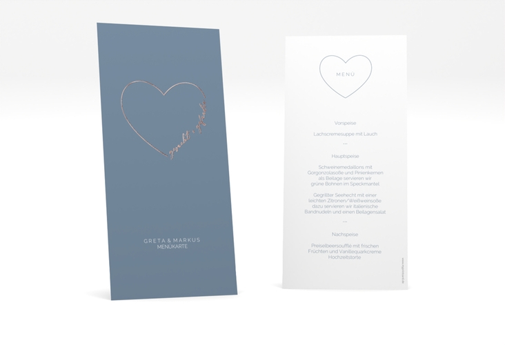 Menükarte Hochzeit Lebenstraum lange Karte hoch blau rosegold