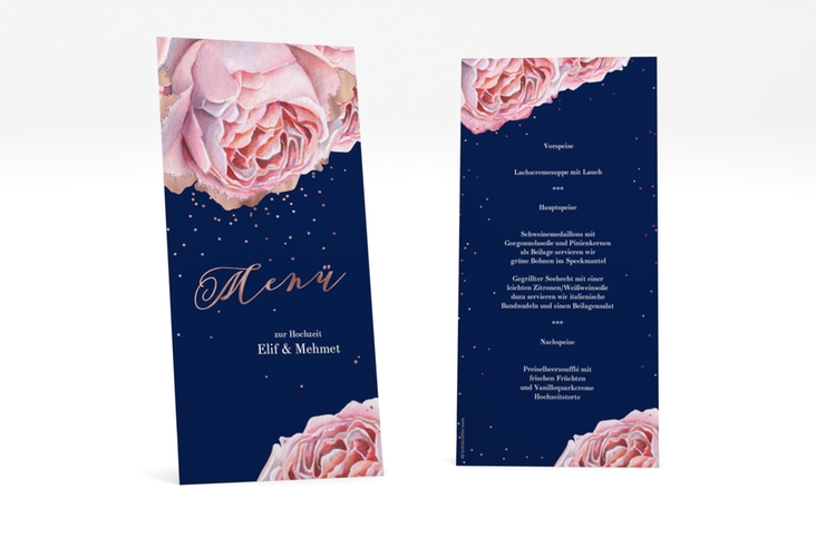 Menükarte Hochzeit Cherie lange Karte hoch rosa rosegold