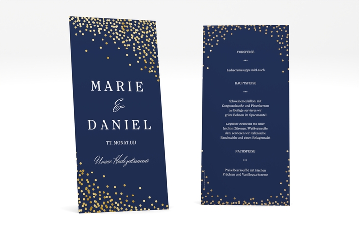 Menükarte Hochzeit Glitter lange Karte hoch blau gold