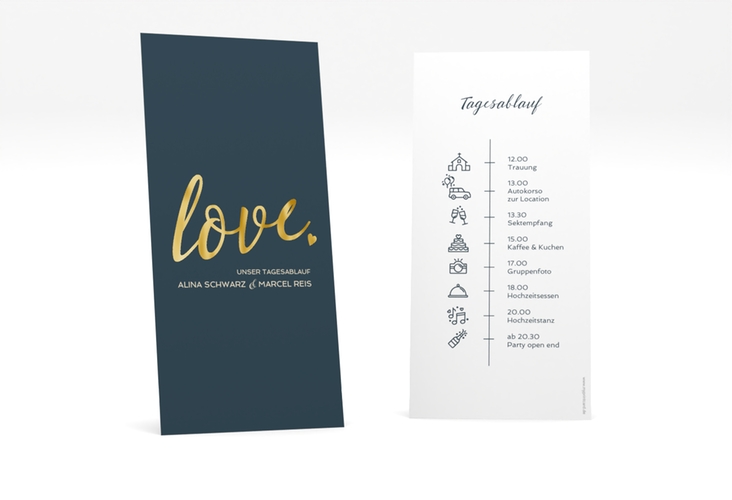 Tagesablauf Hochzeit Glam lange Karte hoch blau gold