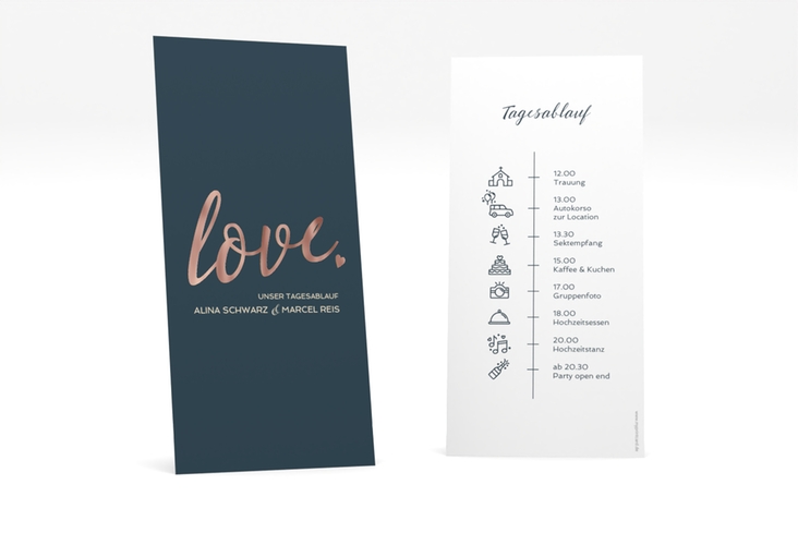 Tagesablauf Hochzeit Glam lange Karte hoch blau rosegold