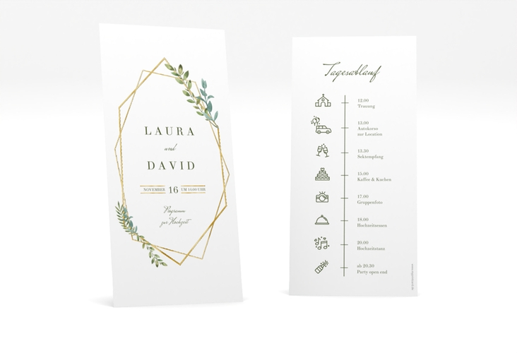 Tagesablauf Hochzeit Herbarium lange Karte hoch gold gold mit geometrischem Rahmen und Blätter-Dekor