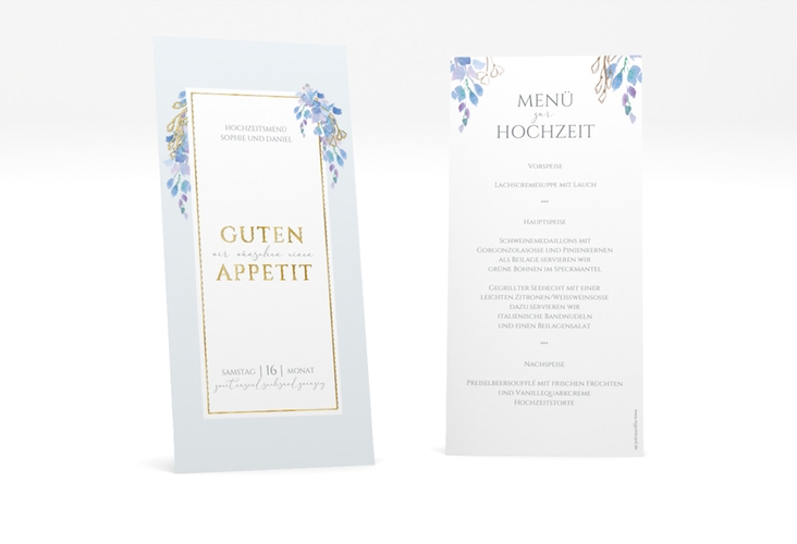 Menükarte Hochzeit Blauregen lange Karte hoch blau gold mit Wisteria-Blüten