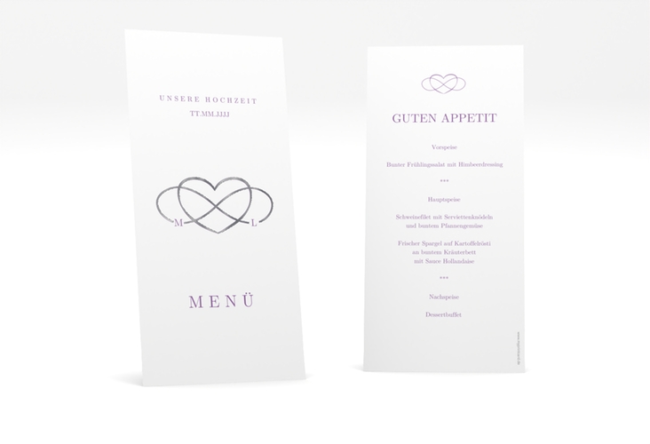 Menükarte Hochzeit Infinity lange Karte hoch lila silber